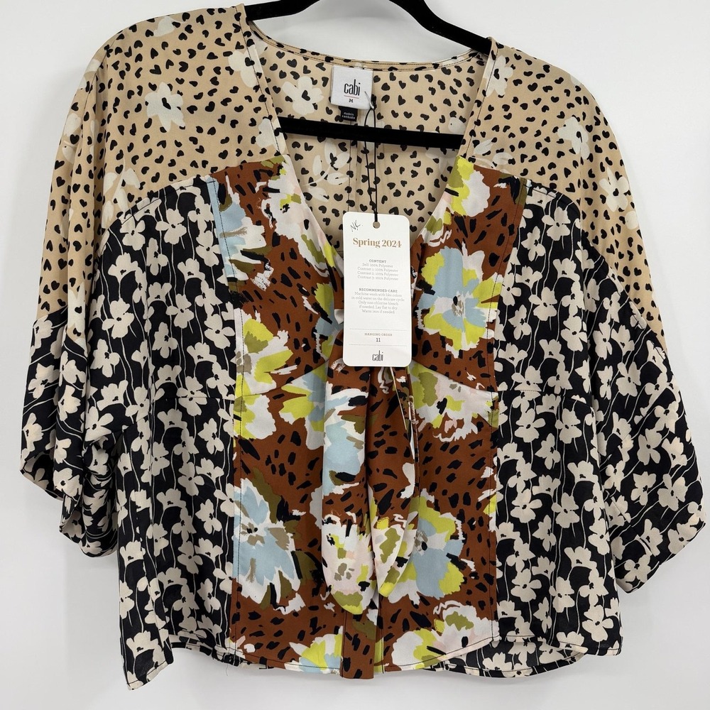 CAbi Blouse Womens Medium Beige Kimono Sleeve Pleated Mixed Print 6508 Field Day